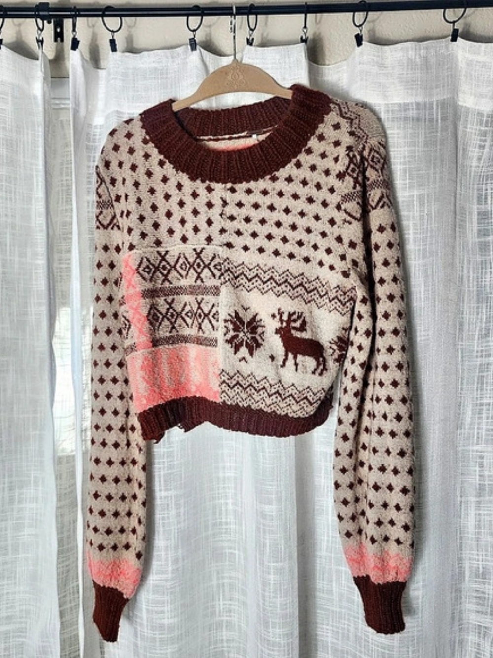 Free People Geometric Cropped Sweater Brown Cream Size Medium